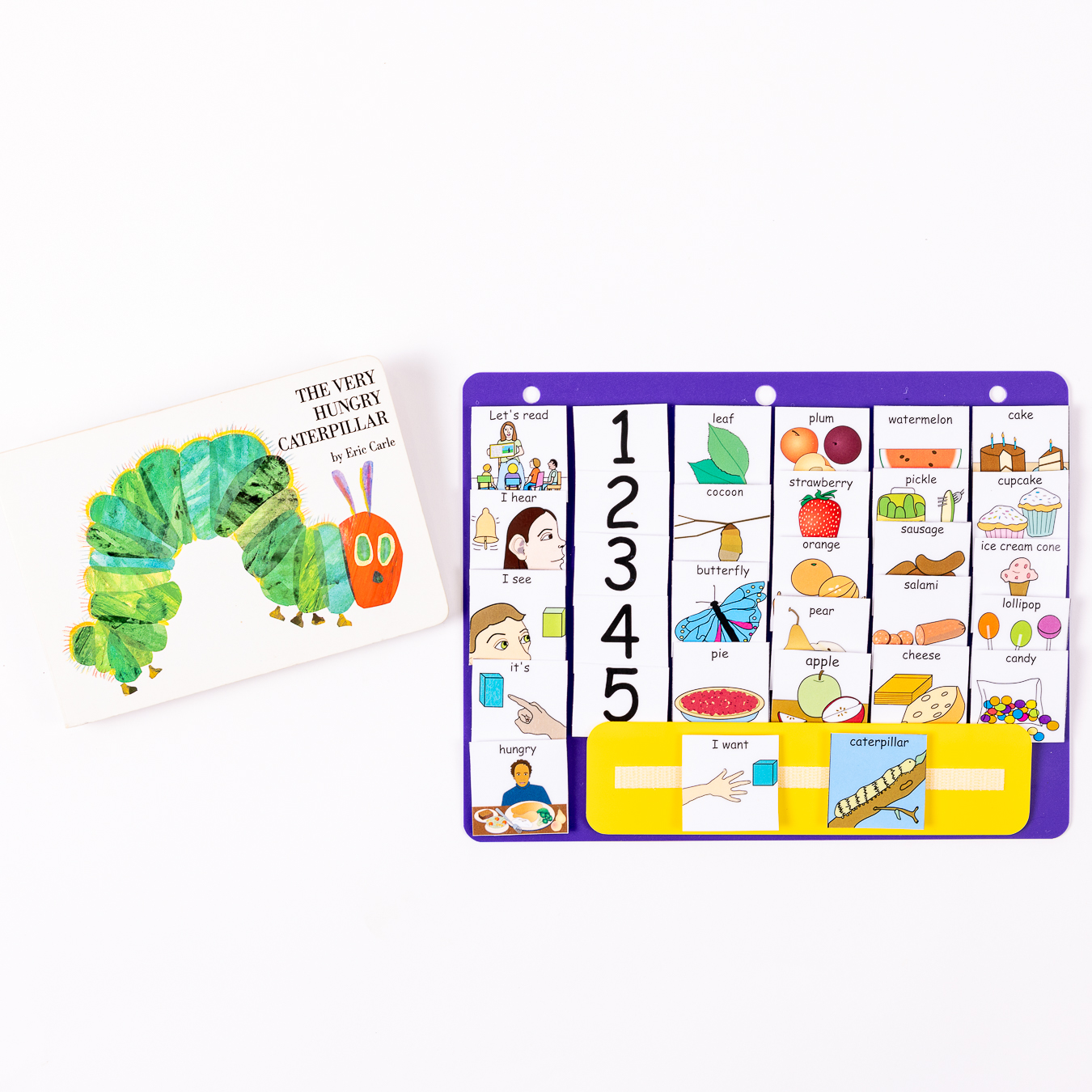 Caterpillar Very Hungry Caterpillar, and purple communication board.