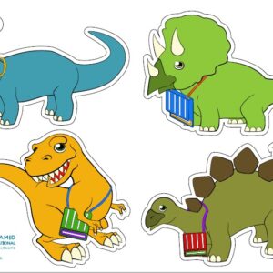 Dinosaurs stickers, carrying books.