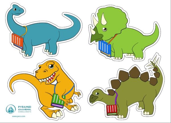 Dinosaurs stickers, carrying books.